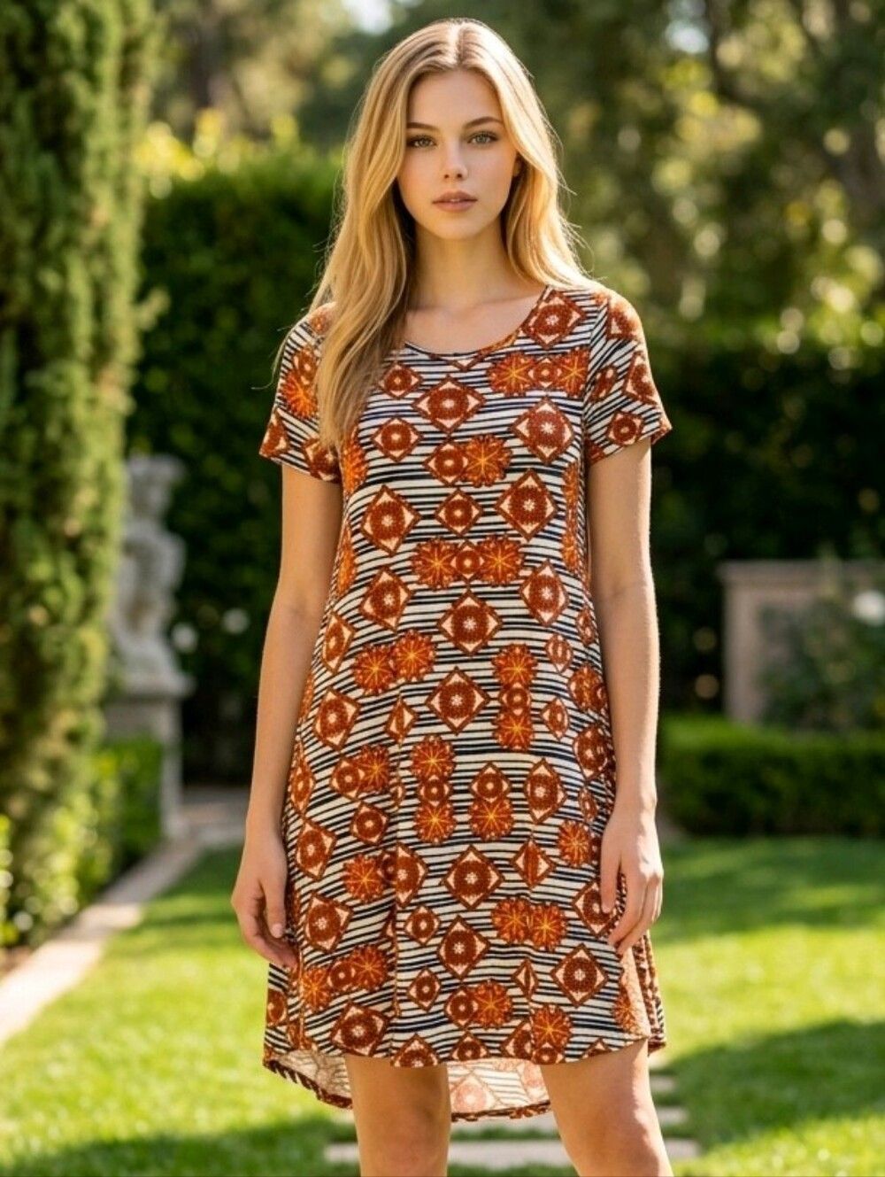 LuLaRoe Carly Dress XXS Brown Tribal Aztec Swing High Low Midi Buttery Soft NWOT